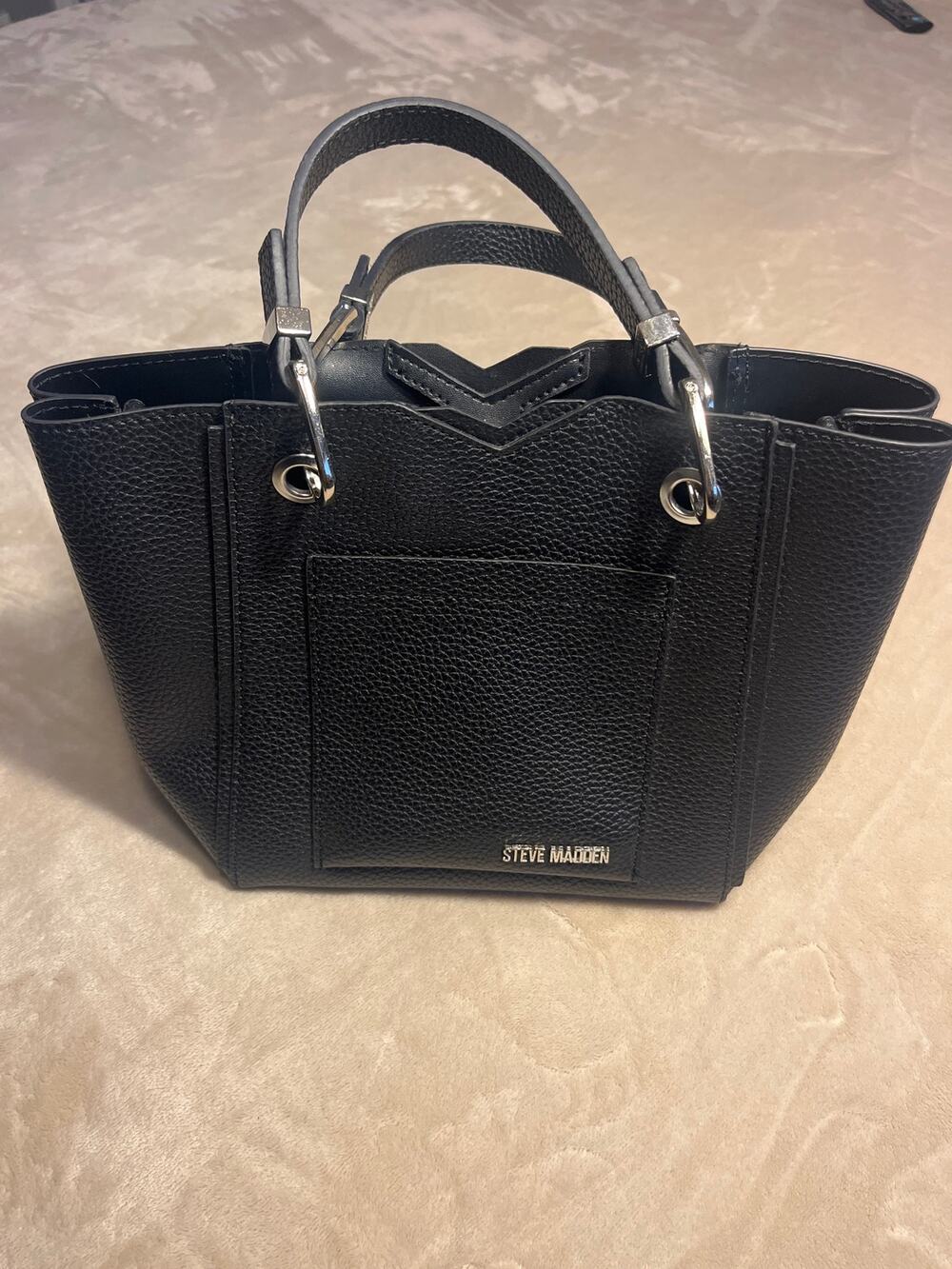 Steve Madden Vegan Pebbled Satchel Tote Handles Black Silver Trim Women’s Purse